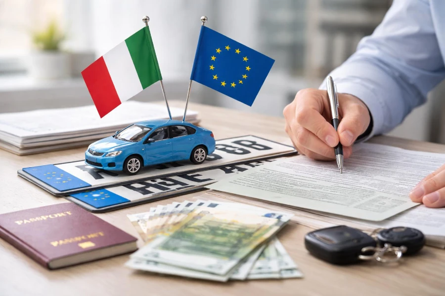 Mano che scrive per pratica di nazionalizzazione veicolo - Immagine generata con AI