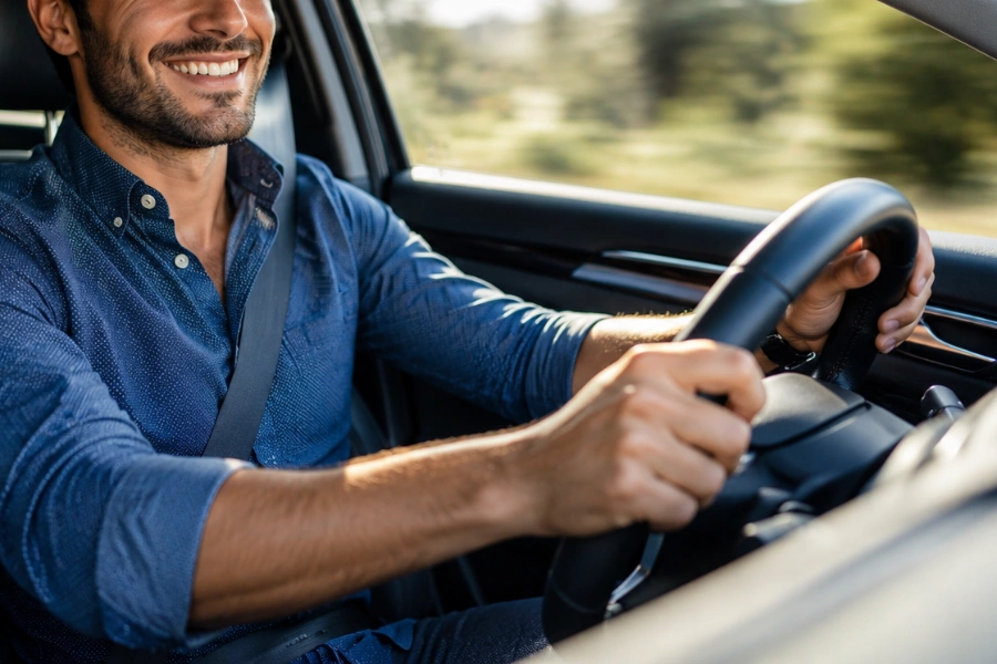 Persona sorridente che guida auto - Immagine generata con AI