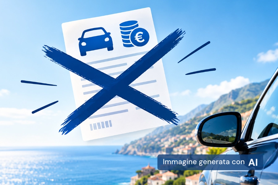 Auto rivolta verso vista panoramica e illustrazione di documento - Immagine generata con AI